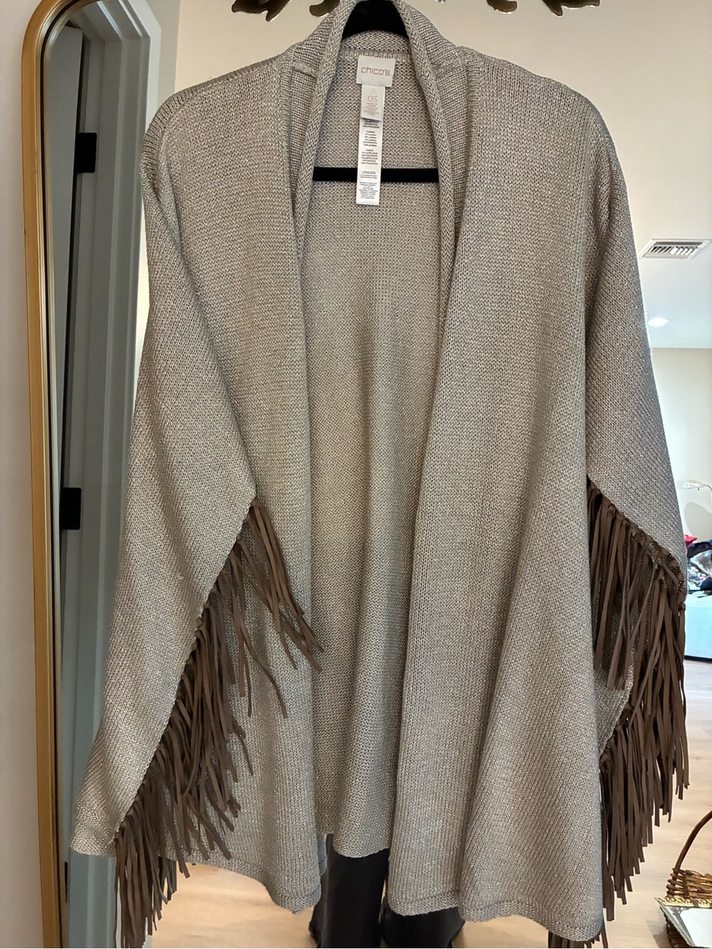 Chico's Open-Front Fringe Knit Poncho in Taupe - perfect for fall!